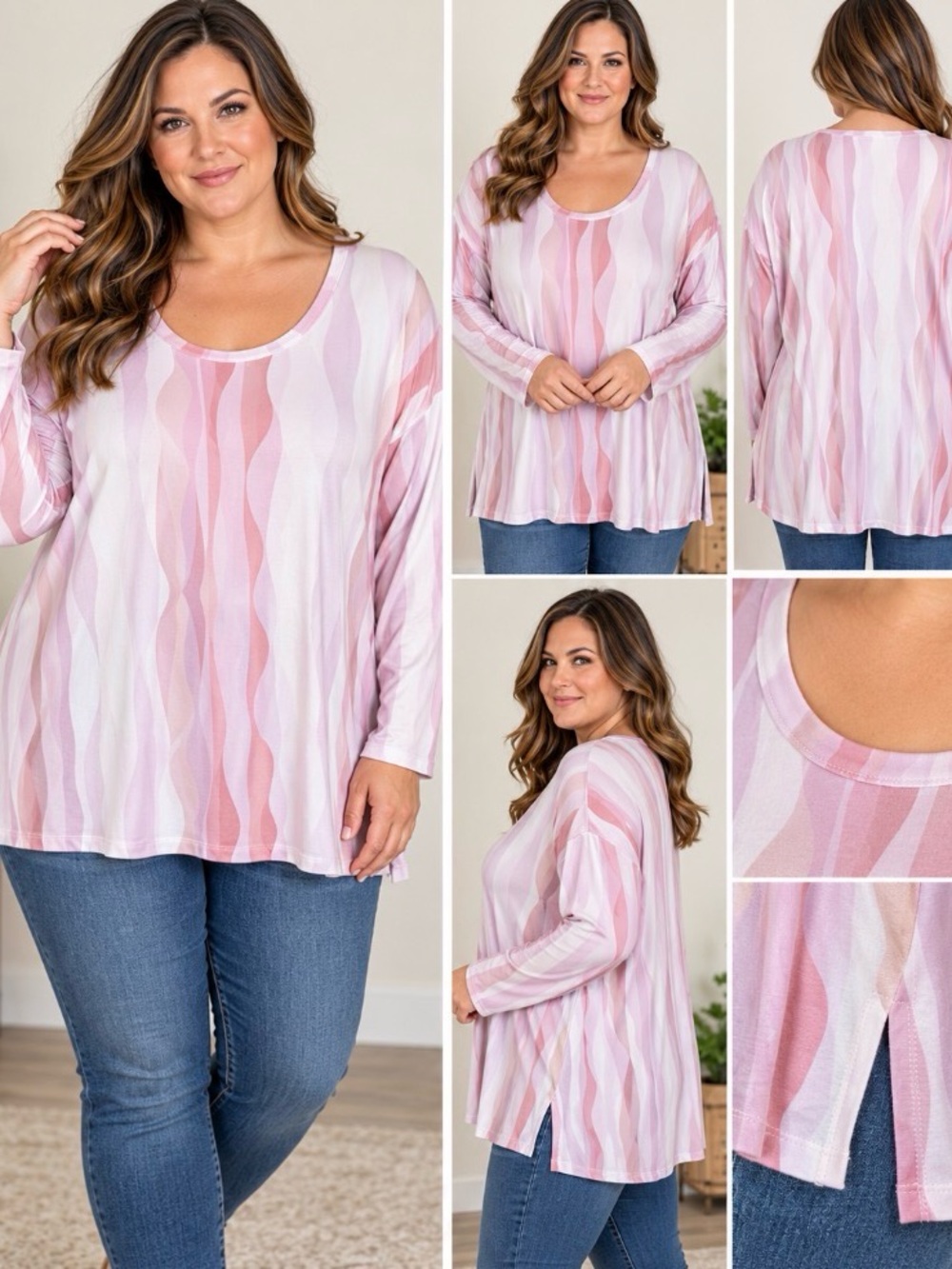Laurier & Co L Pink Abstract Wavy Stripe Modal Long Sleeve Tunic Top